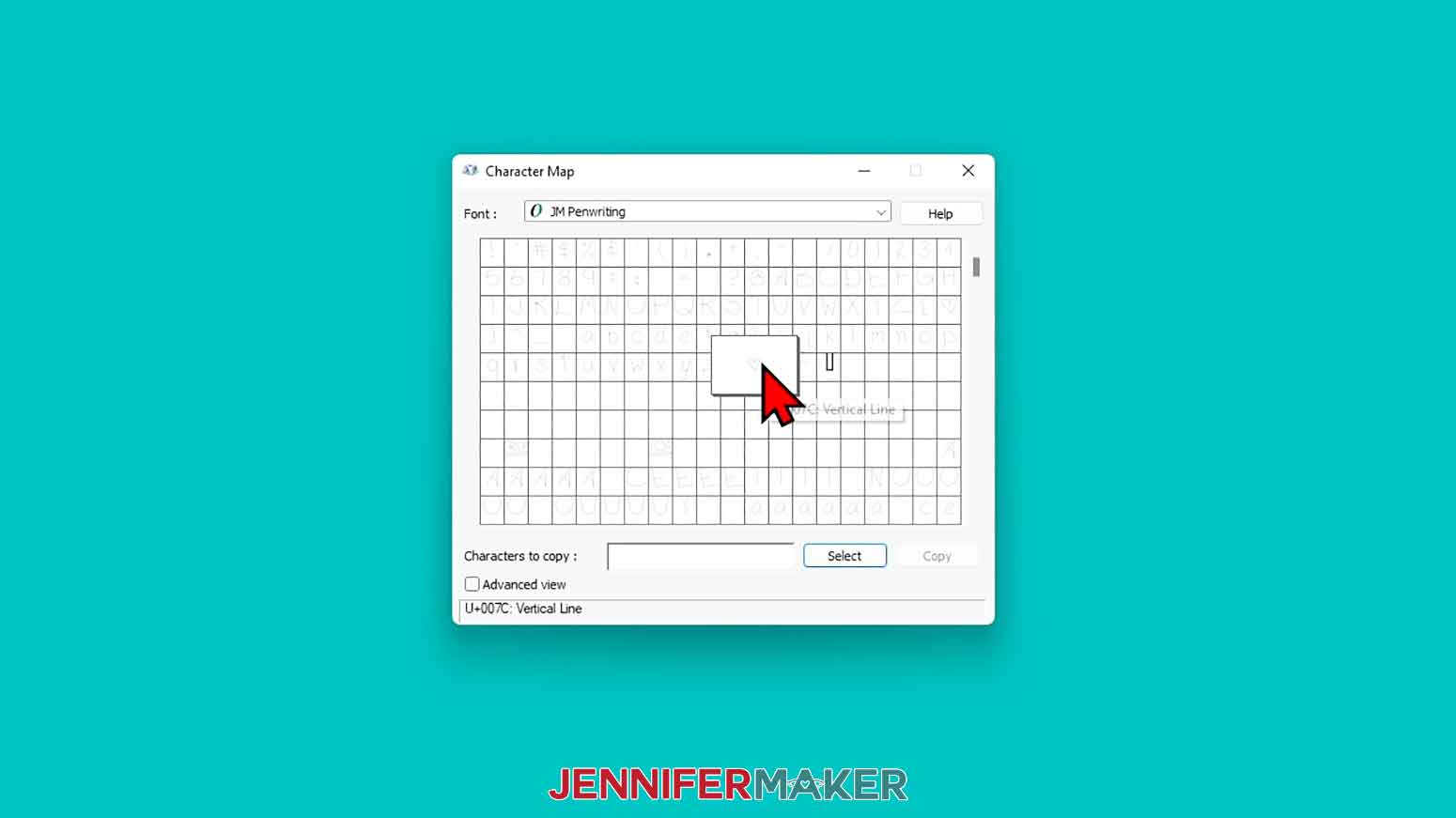 Windows character map open to select heart glyph for card personalization