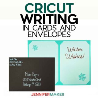A blue and white paper card and black envelope customized using Cricut writing fonts.