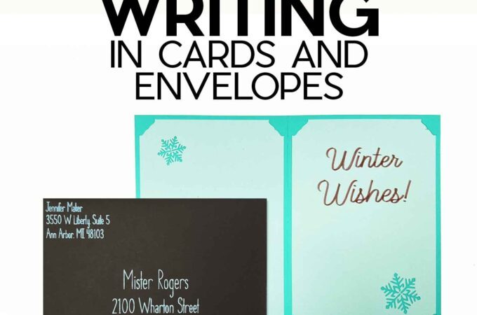 A blue and white paper card and black envelope customized using Cricut writing fonts.