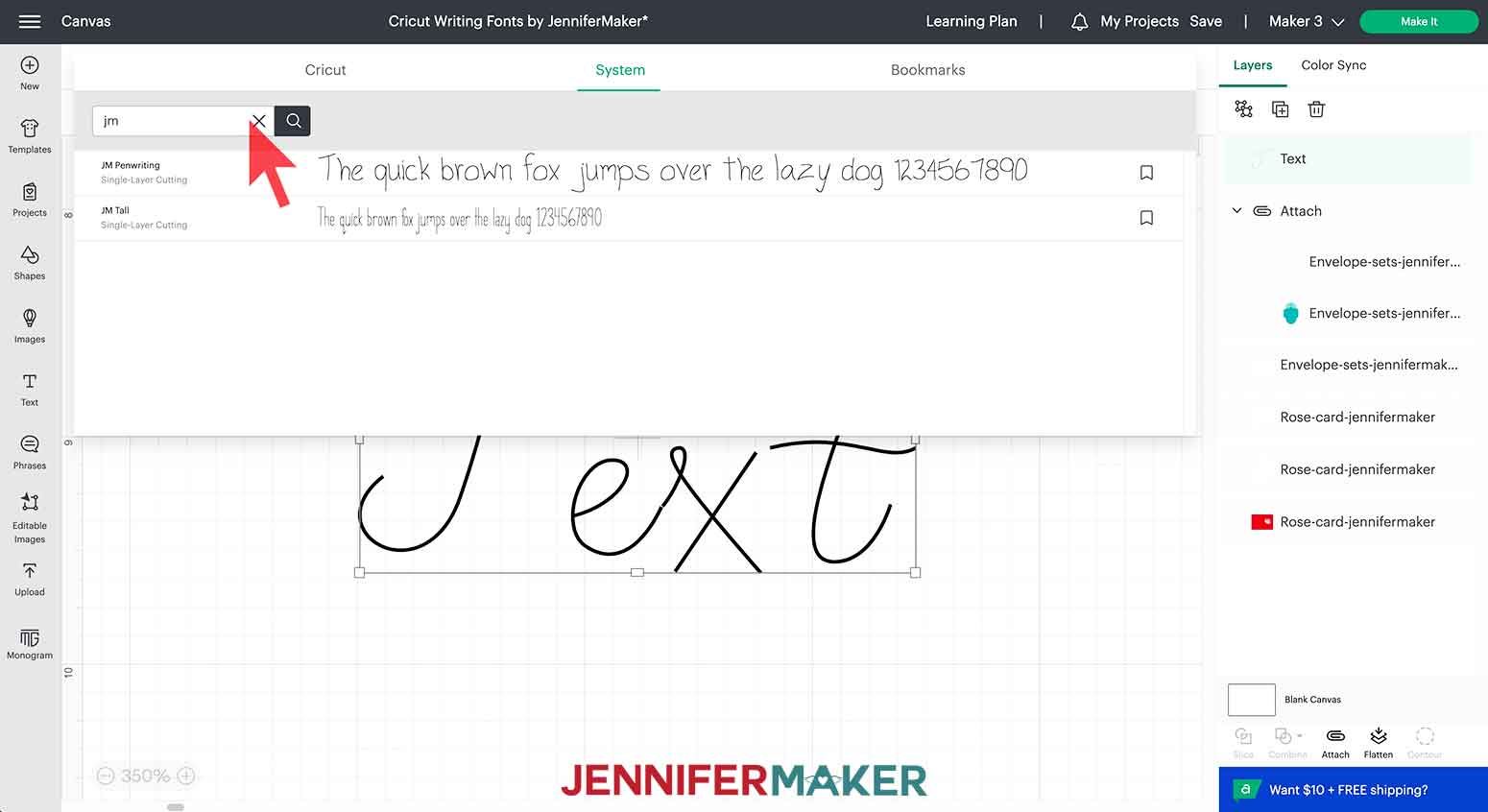 Search System fonts in Cricut Design Space to find uploaded fonts like JM Tall.