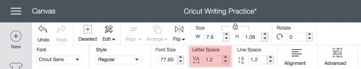 Changing character spacing in Cricut Design Space for Cricut Writing
