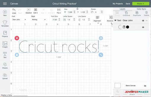 Clicking Make It in Cricut Design Space to write on your Cricut