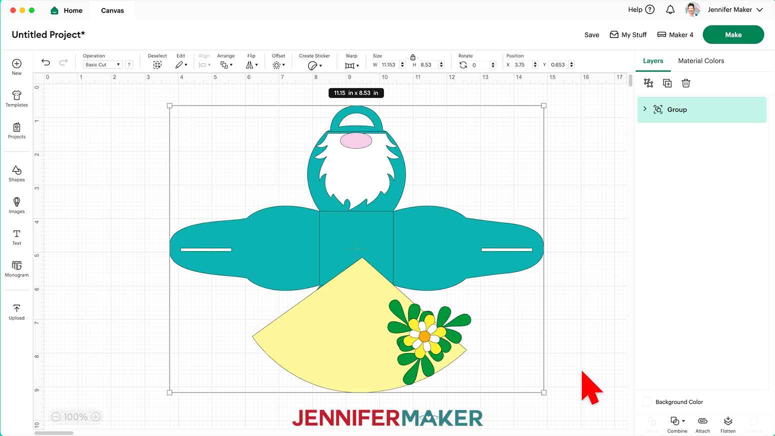 The curvy keepsake boxes gnome design uploaded to Cricut Design Space measuring 11.15"W x 8.53"H.