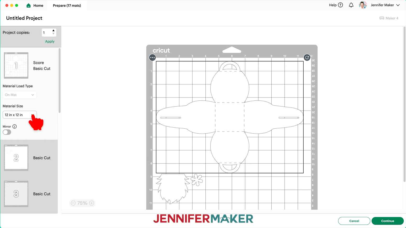 On the Prepare screen, set the material size to 12 in x 12 in.