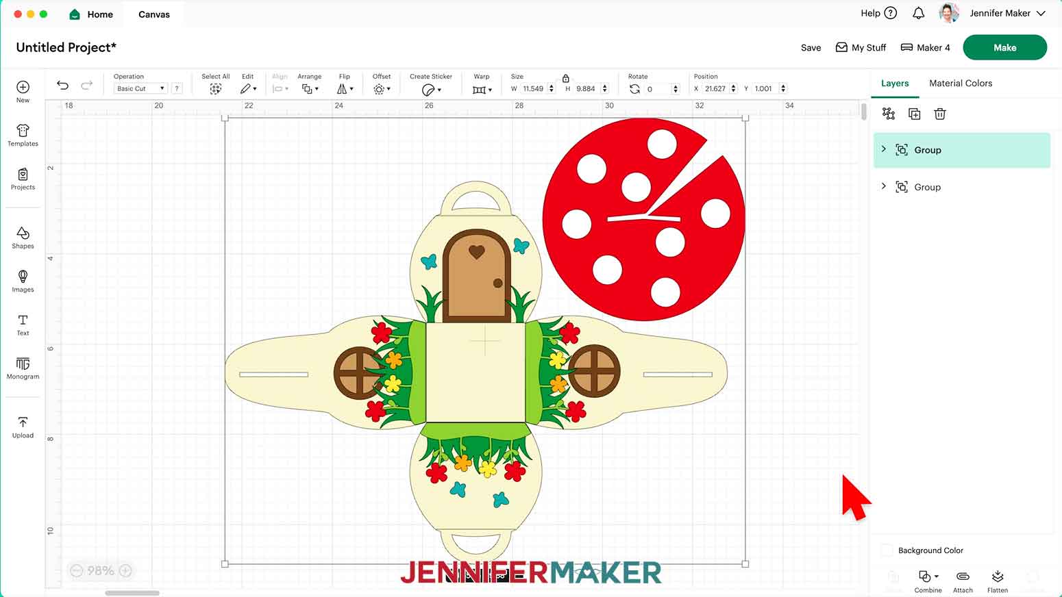 The curvy keepsake boxes mushroom house design uploaded to Cricut Design Space measuring 11.55"W x 9.89"H.