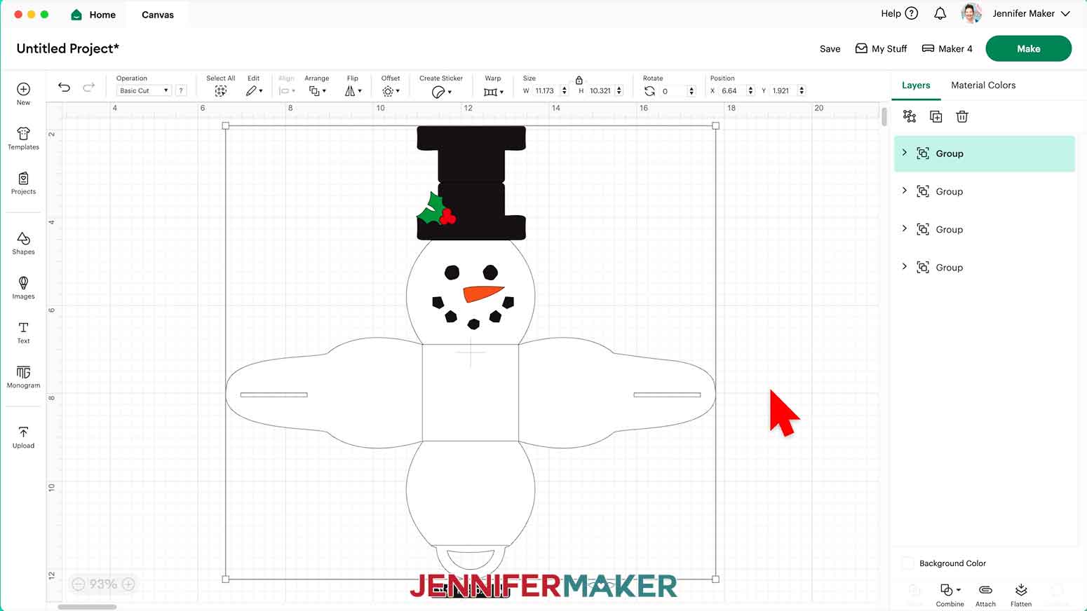 The curvy keepsake boxes snowman design uploaded to Cricut Design Space measuring 11.17"W x 10.32"H.