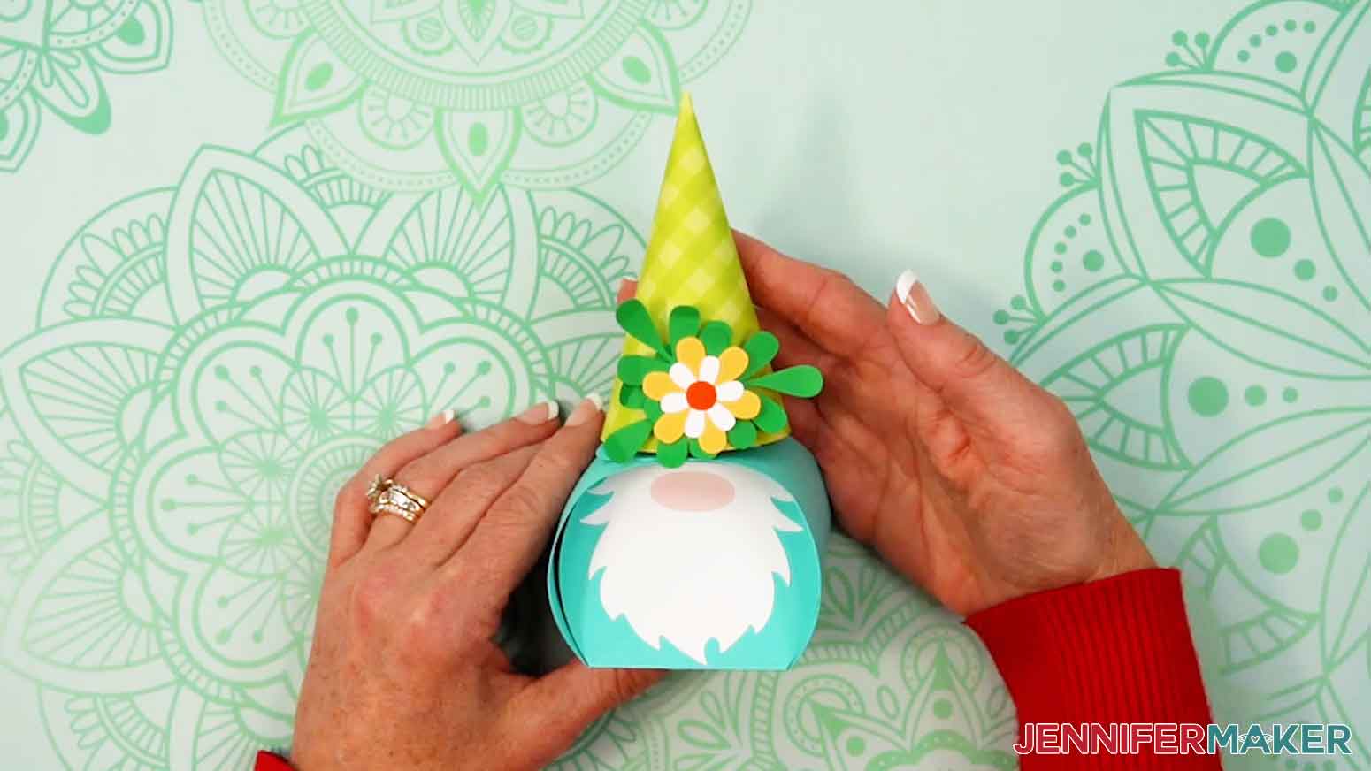 Place the hat on top and the curvy keepsake gnome box is complete.