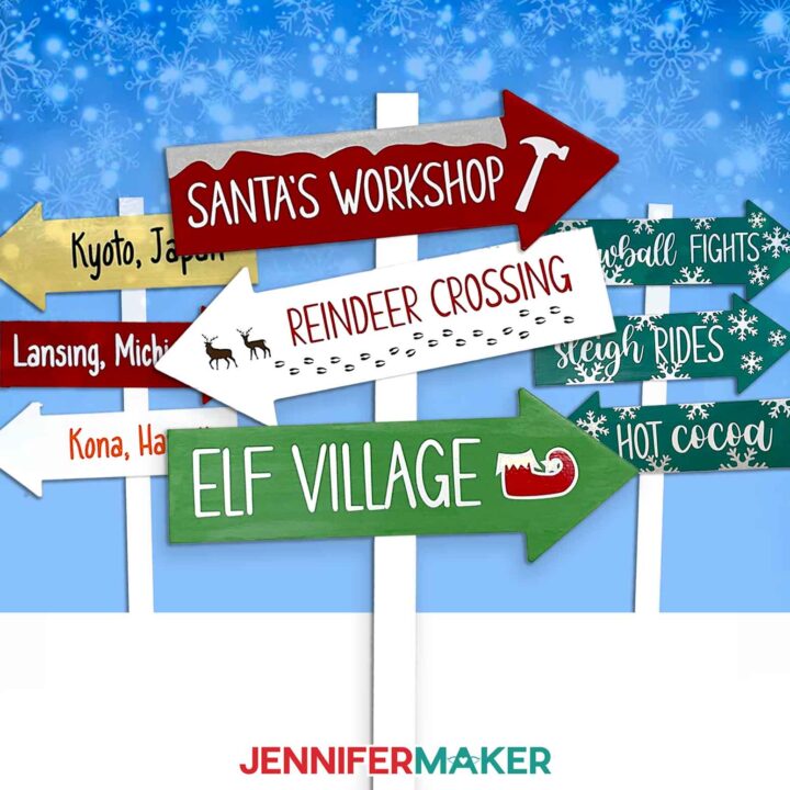 Make a custom family sign post with JenniferMaker's tutorial! Three sets of custom signposts stand against a snowy background.