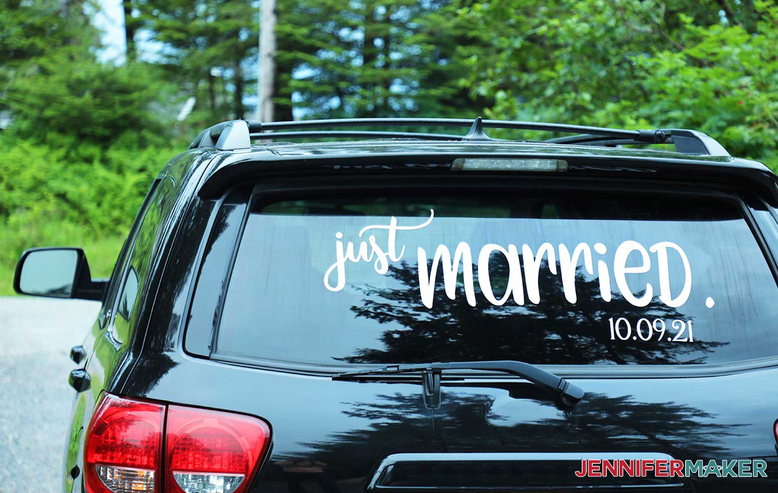 Just Married #1 customized decal on vehicle window