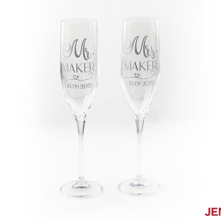 Mr. & Mrs. decals on champagne flutes for customized decals