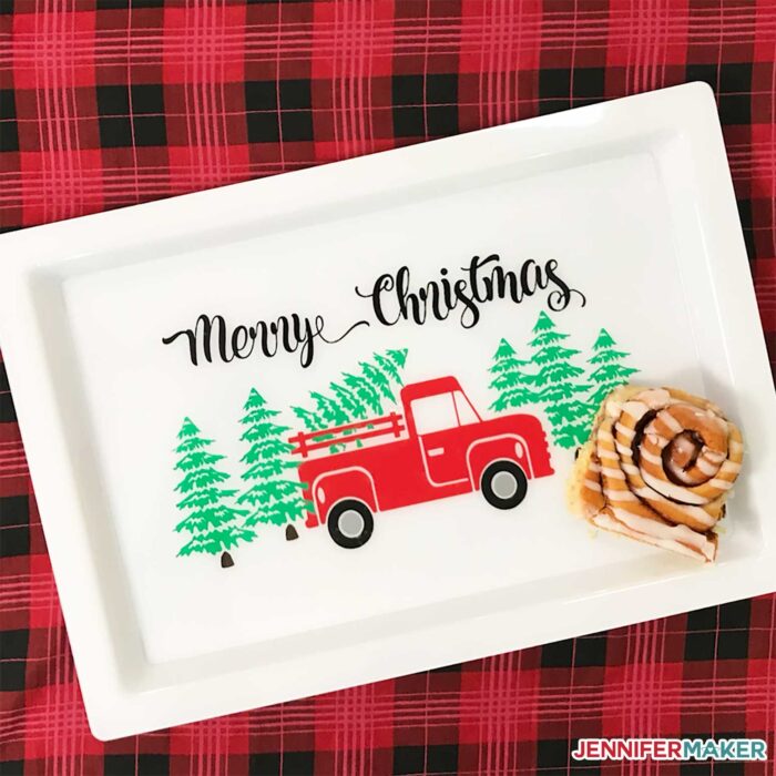 Christmas Red Truck customized serving tray with a cinnamon roll