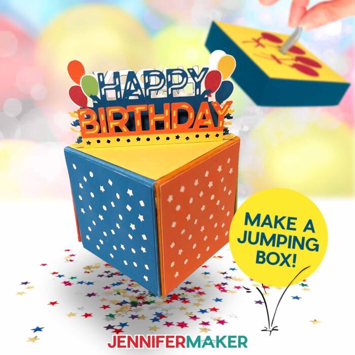 Learn How to Cut Cardboard with Cricut in JenniferMaker's tutorial. Fun, multicolored cardboard jumping boxes scattered with confetti sit on a white surface with fun birthday balloons in the background.