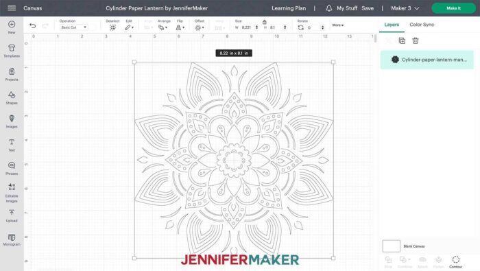 Mandala cylinder paper lantern on the Cricut Design Space Canvas.