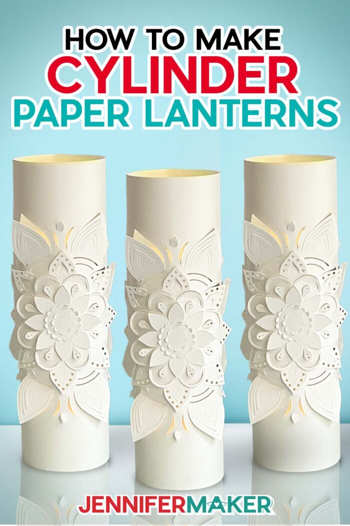 Three white cylinder paper lanterns with intricate cut designs for Pinterest.