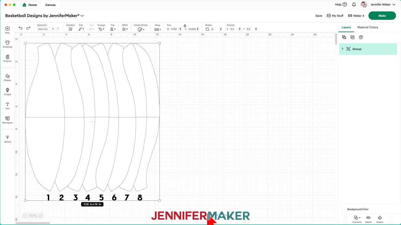 The basketball photo panels SVG uploaded to the Design Space Canvas measureing 11.91 W x 14" H.