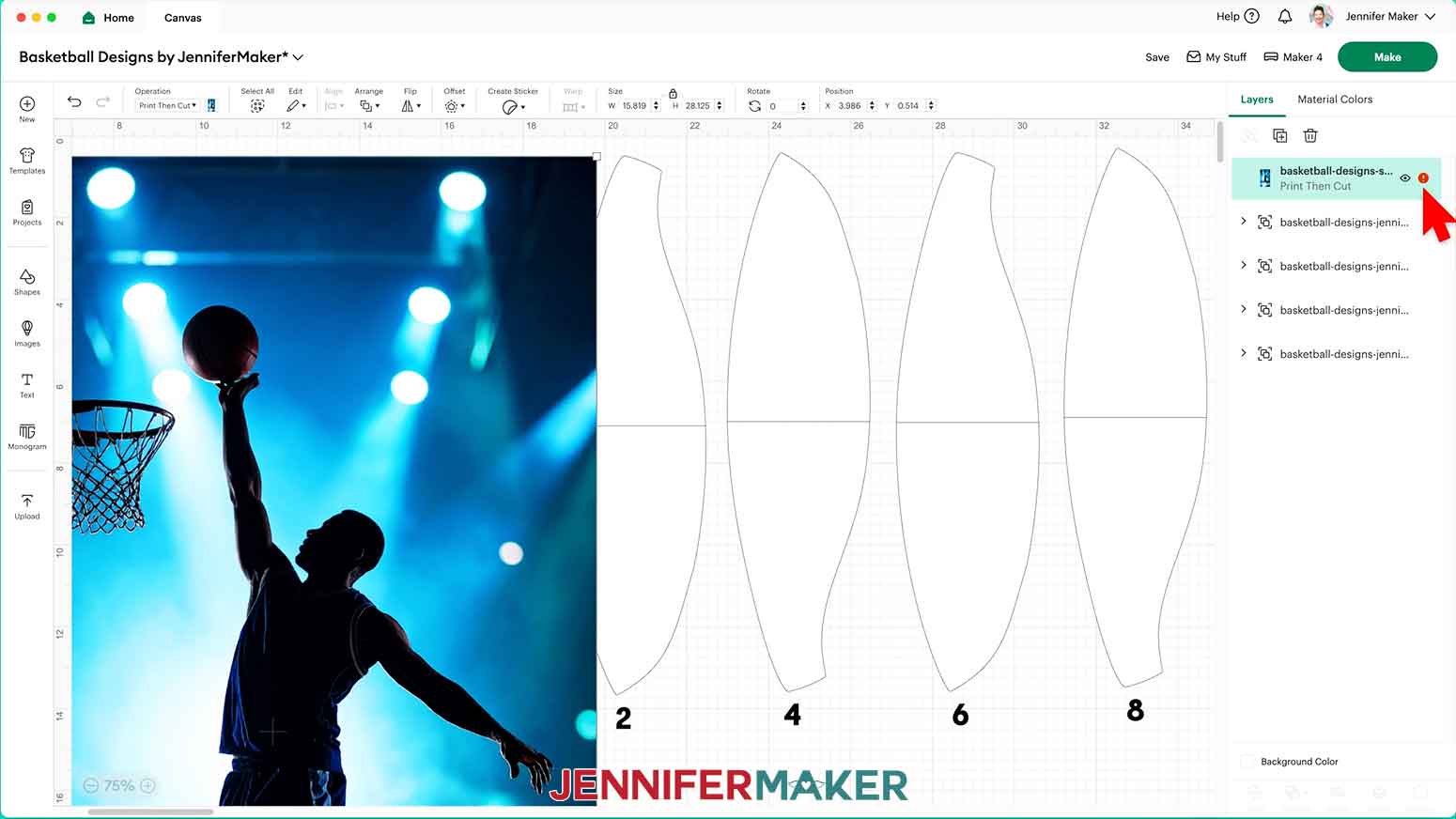 Uploaded photo on the Design Space Canvas with a warning in the Layers panel that can be disregarded.