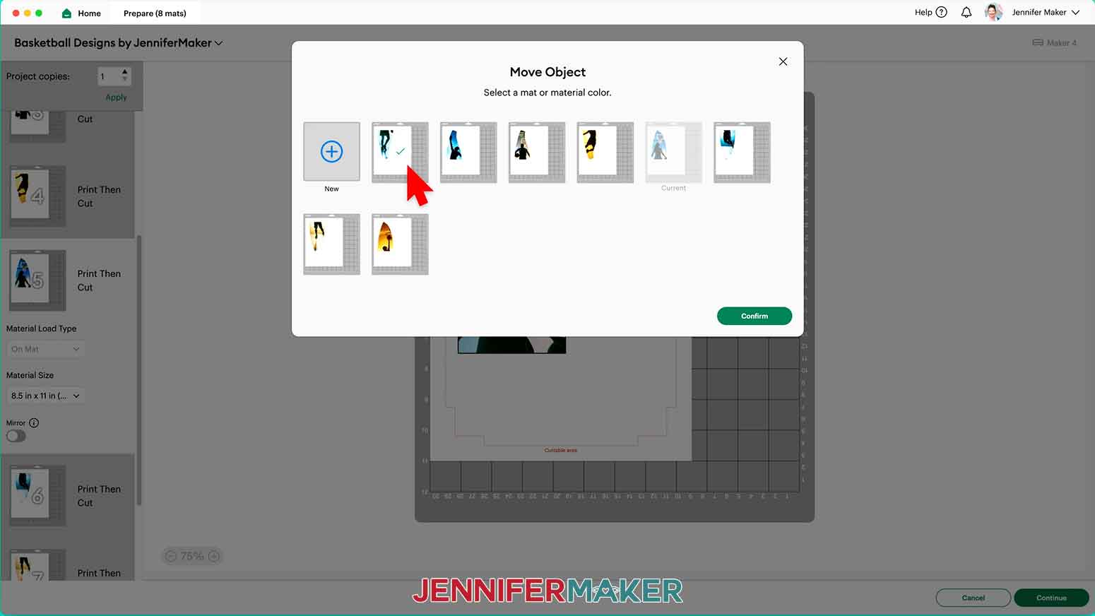 Select the mat you want to move the design to.