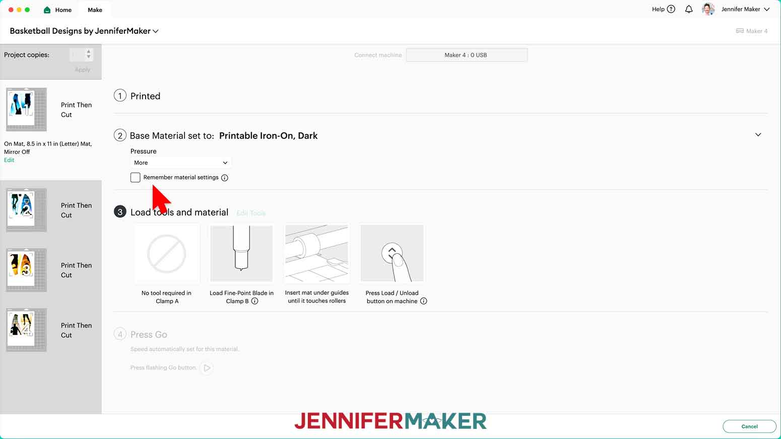 Set the material settings to iron-on vinyl dark with more pressure.