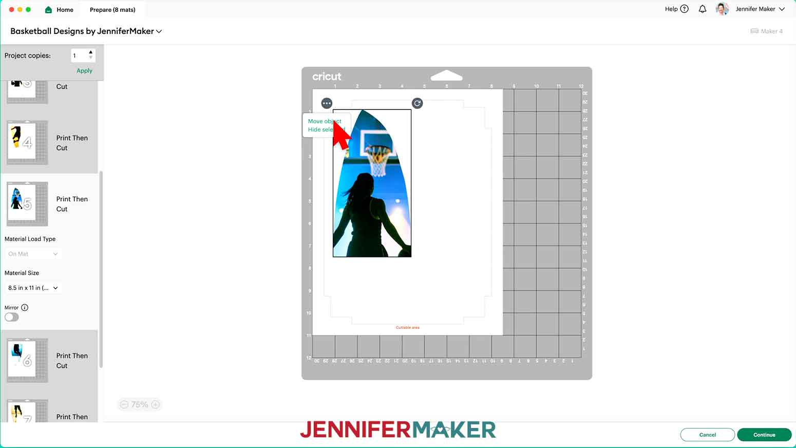 Select a basketball top design and click the three dots to select "Move object."