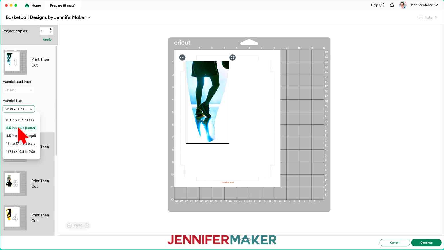 From the dropdown, select 8.5" x 11" for the material size.
