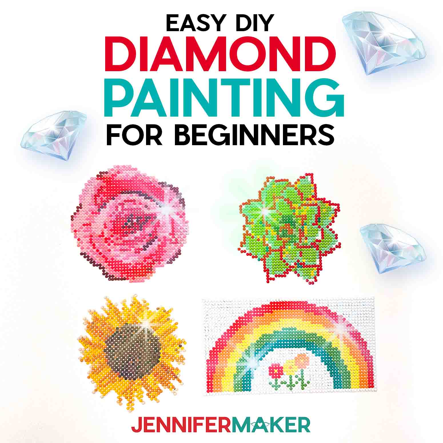 Rose, Succulent, Sunflower, and Rainbow diamond painting for beginners projects using a Cricut.