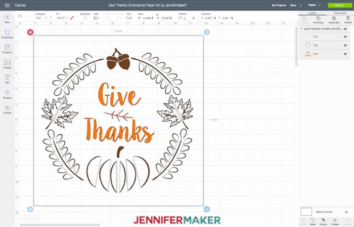 Give Thanks dimensional paper art SVG uploaded to Cricut Design Space