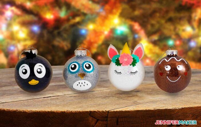 DIY Glitter Ornaments: Penguin, Owl, Unicorn, and Gingerbread. Make Cricut Christmas Ornaments with JenniferMaker's tutorial!