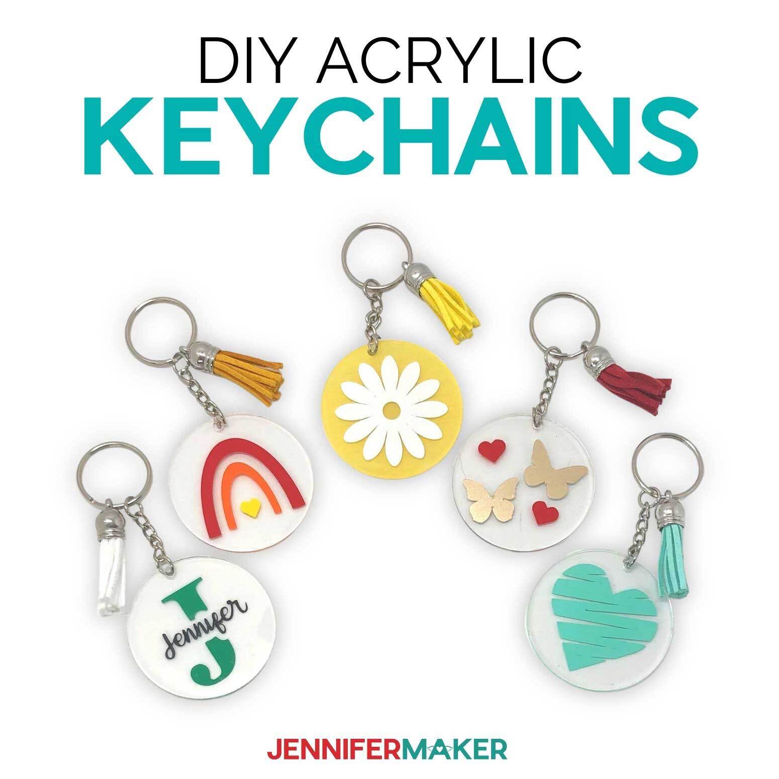 DIY Acrylic Keychains made using a Cricut cutting machine and free SVGs from JenniferMaker