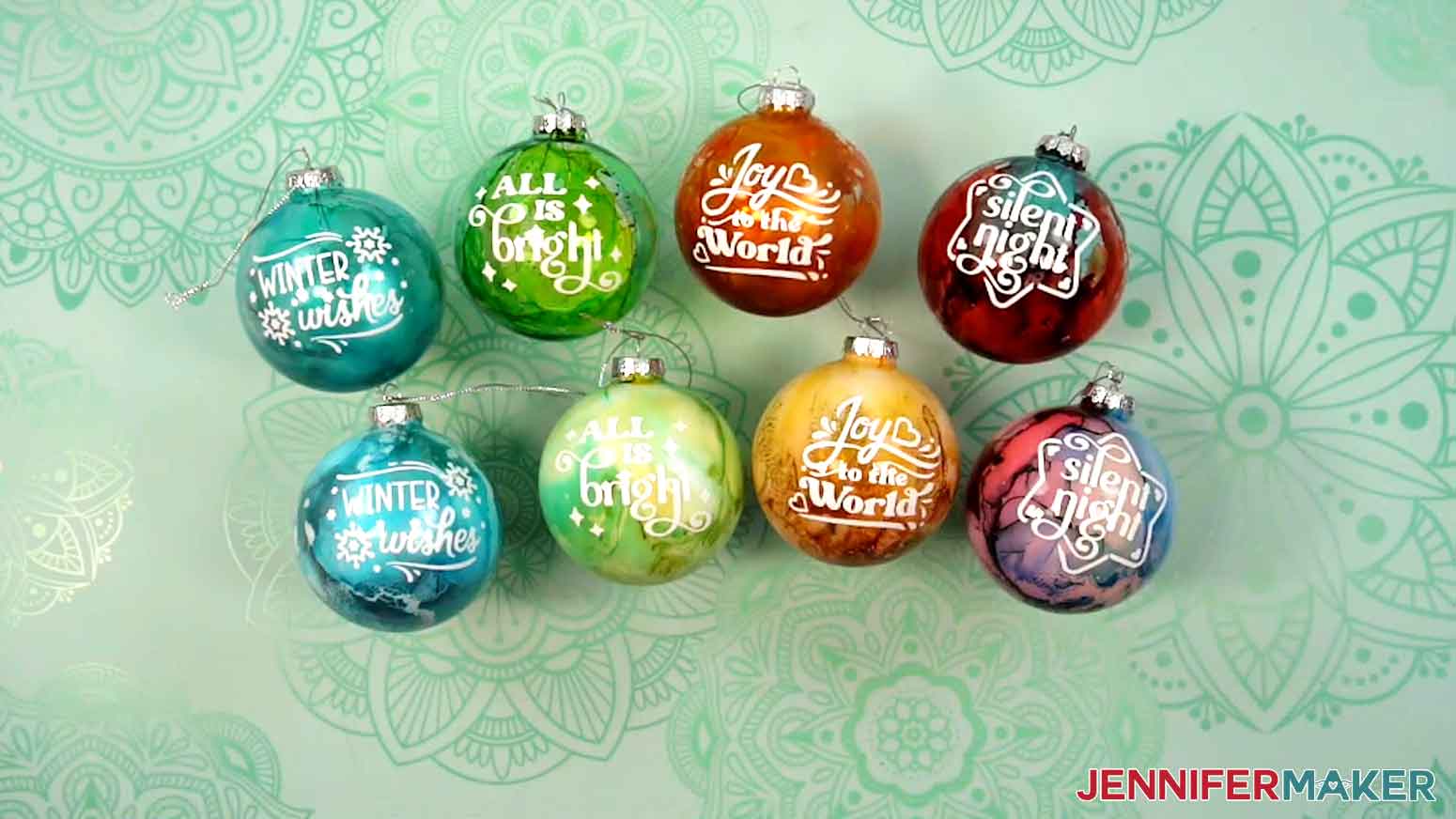 Eight finished done-for-you DIY Alcohol Ornament designs.