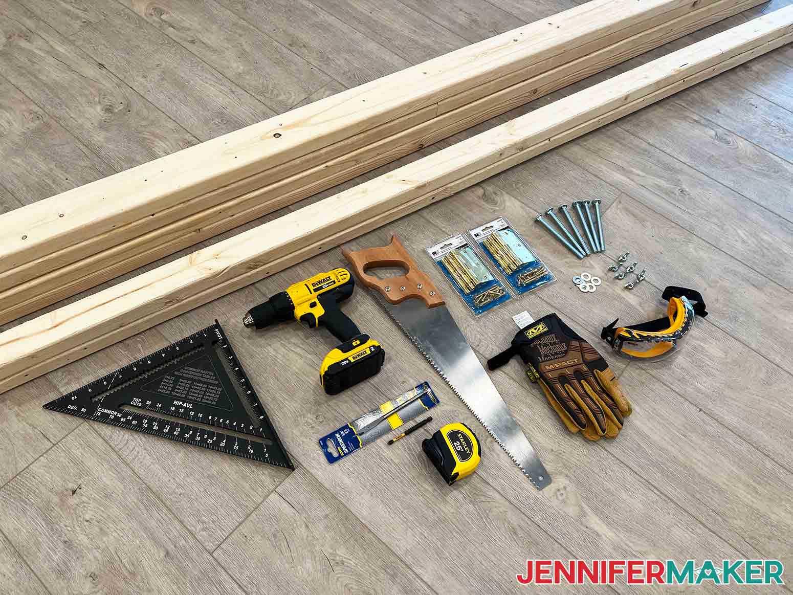 Supplies and tools to make a DIY backdrop stand from wood, including square, drill, saw, tape measure, gloves, eye protection, bolts, washers, wingnuts