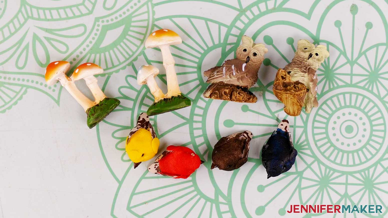 Mushroom, owl, and bird miniatures for the diy book nook