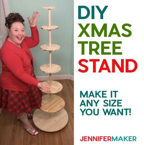 How to make a wood Christmas tree display stand made from tabletops and dowels.