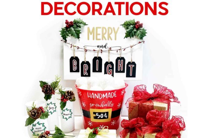 Collection of DIY Christmas decorations with faux stacked books, painted vases, decorative canvas, Santa snowball bucket, and large wrapped gifts.