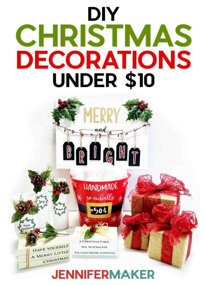 Pinterest link for collection of DIY Christmas decorations with faux stacked books, painted vases, decorative canvas, Santa snowball bucket, and large wrapped gifts.