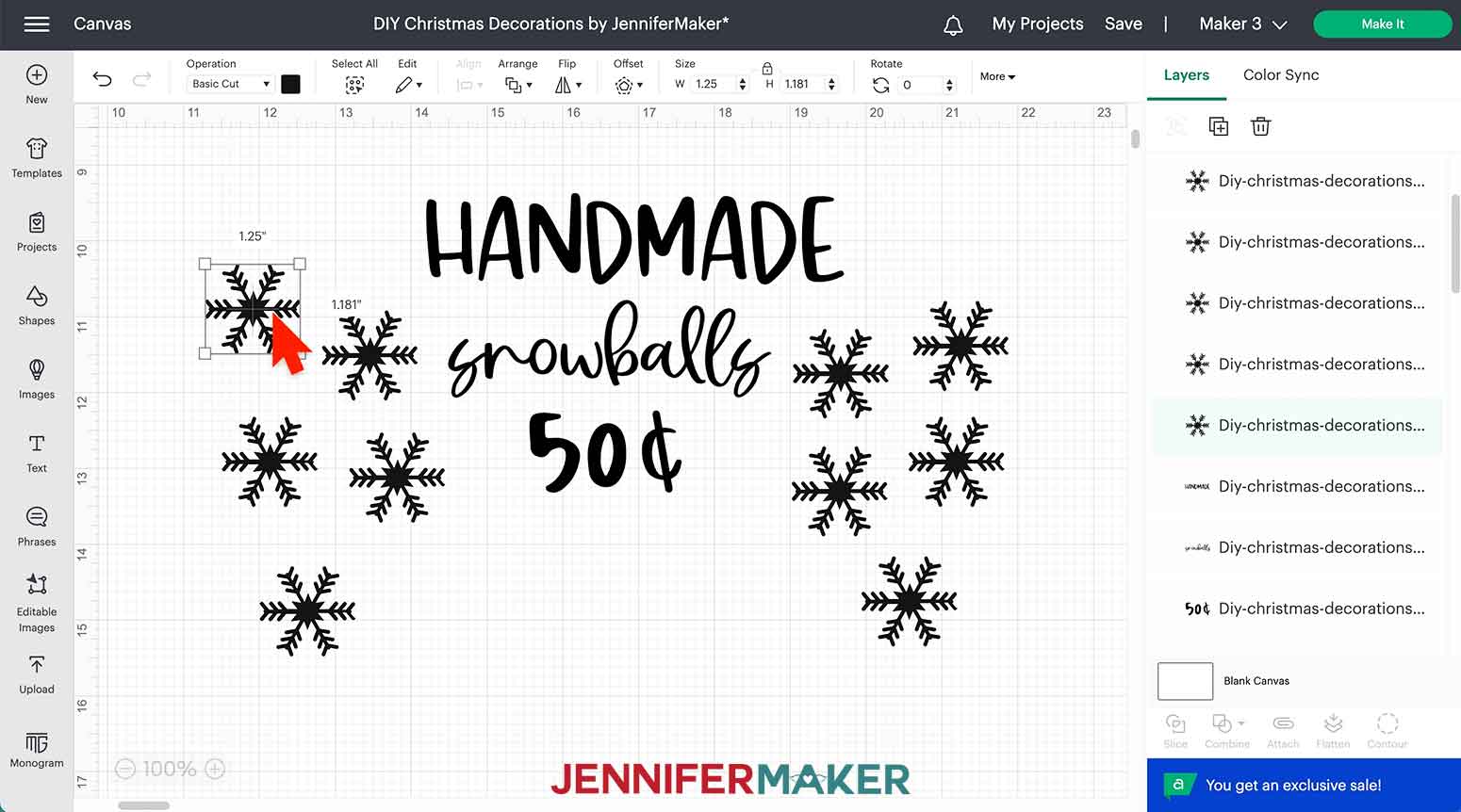 Duplicate snowflake design on Design Space canvas for snowball bucket decorations.