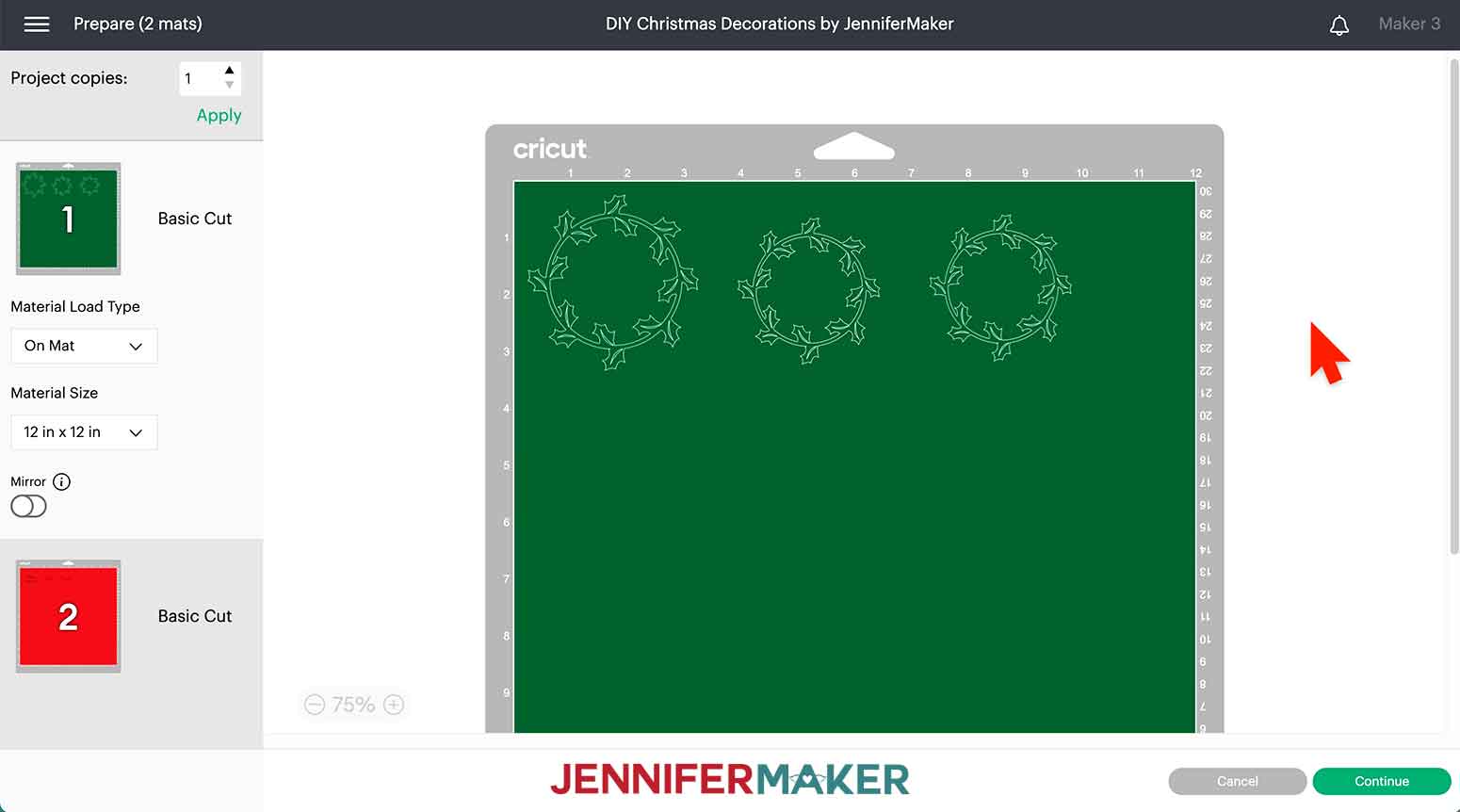 Wreath design spaced out on Prepare screen to allow room for weeding each design.