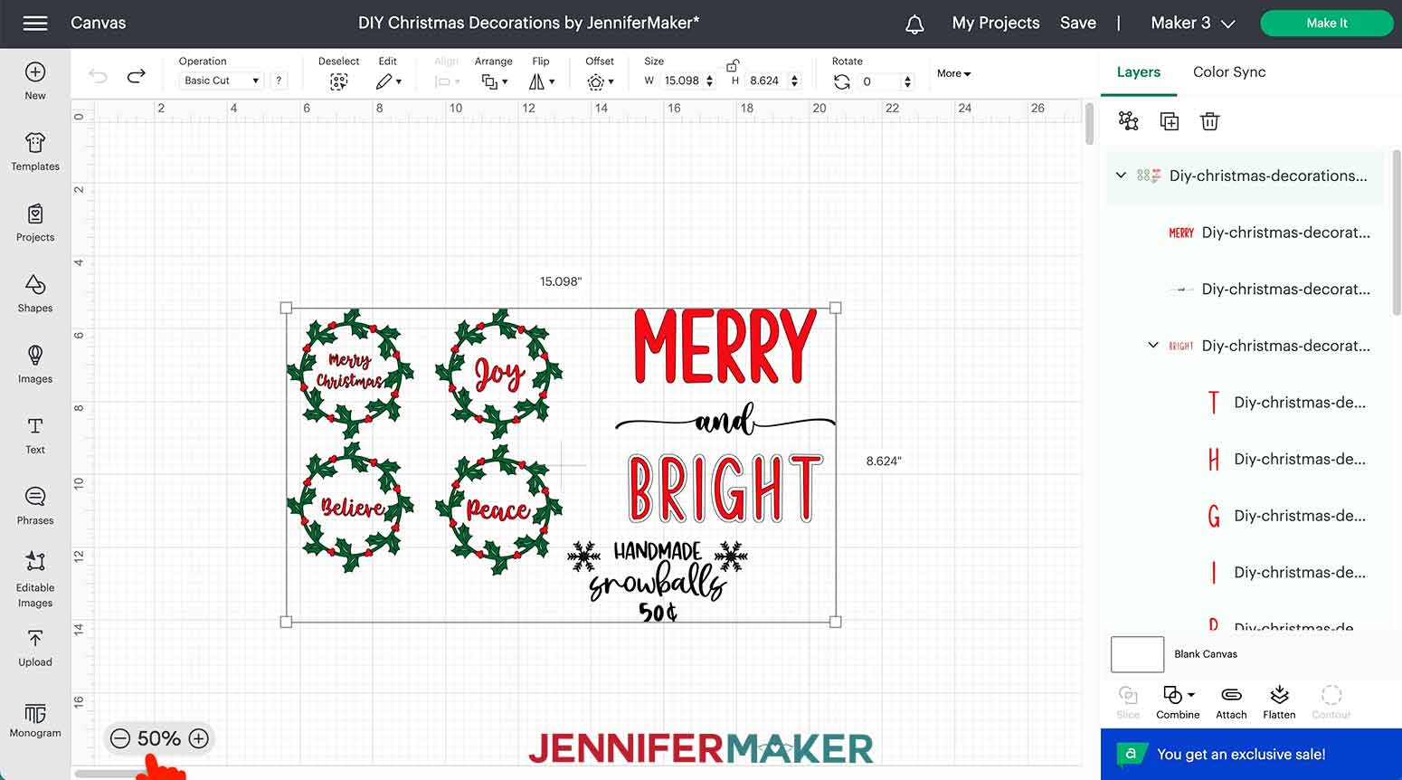 DIY Christmas Decorations SVG uploaded to Cricut Design Space canvas.