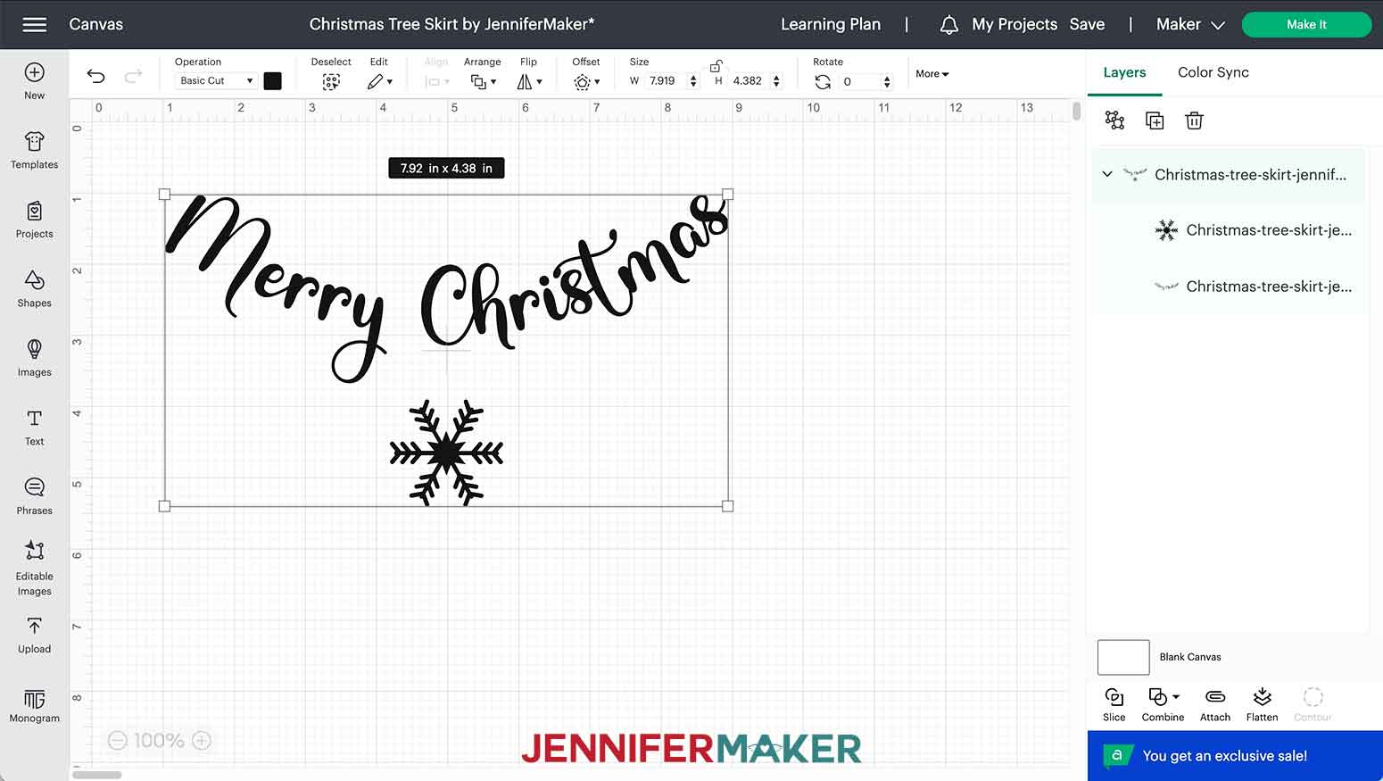 DIY Christmas Tree Skirt SVG uploaded on Cricut Design Space canvas.