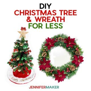 Mini Christmas tree and wreath decorated with festive Dollar Tree materials.