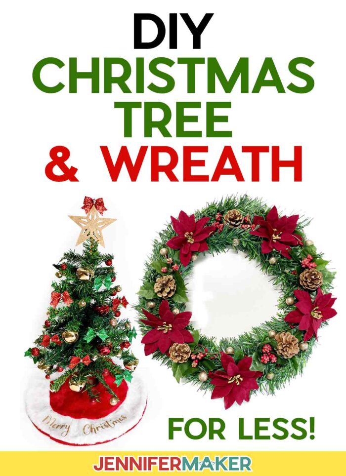 Pinterest tutorial for mini Christmas tree and wreath decorated with festive Dollar Tree materials.