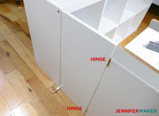 A door attached between the Alex drawers and the Kallax shelves to create the diy craft table with storage
