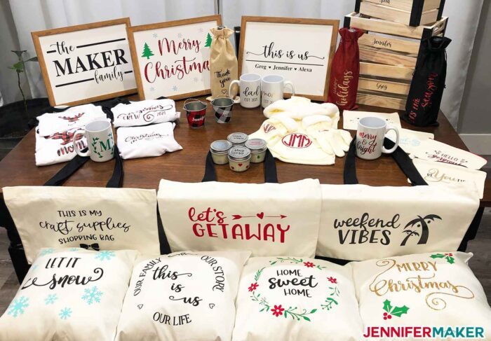 12 DIY Cricut Gift Ideas on a table, make great items to sell online or at a craft fair