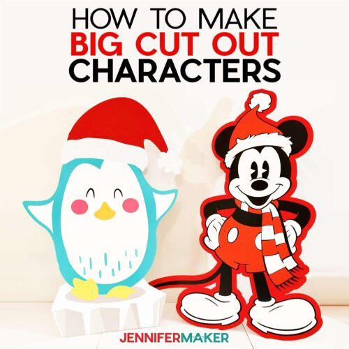 DIY cut out characters cartoon penguin and vintage Mickey Mouse wearing Santa hats.