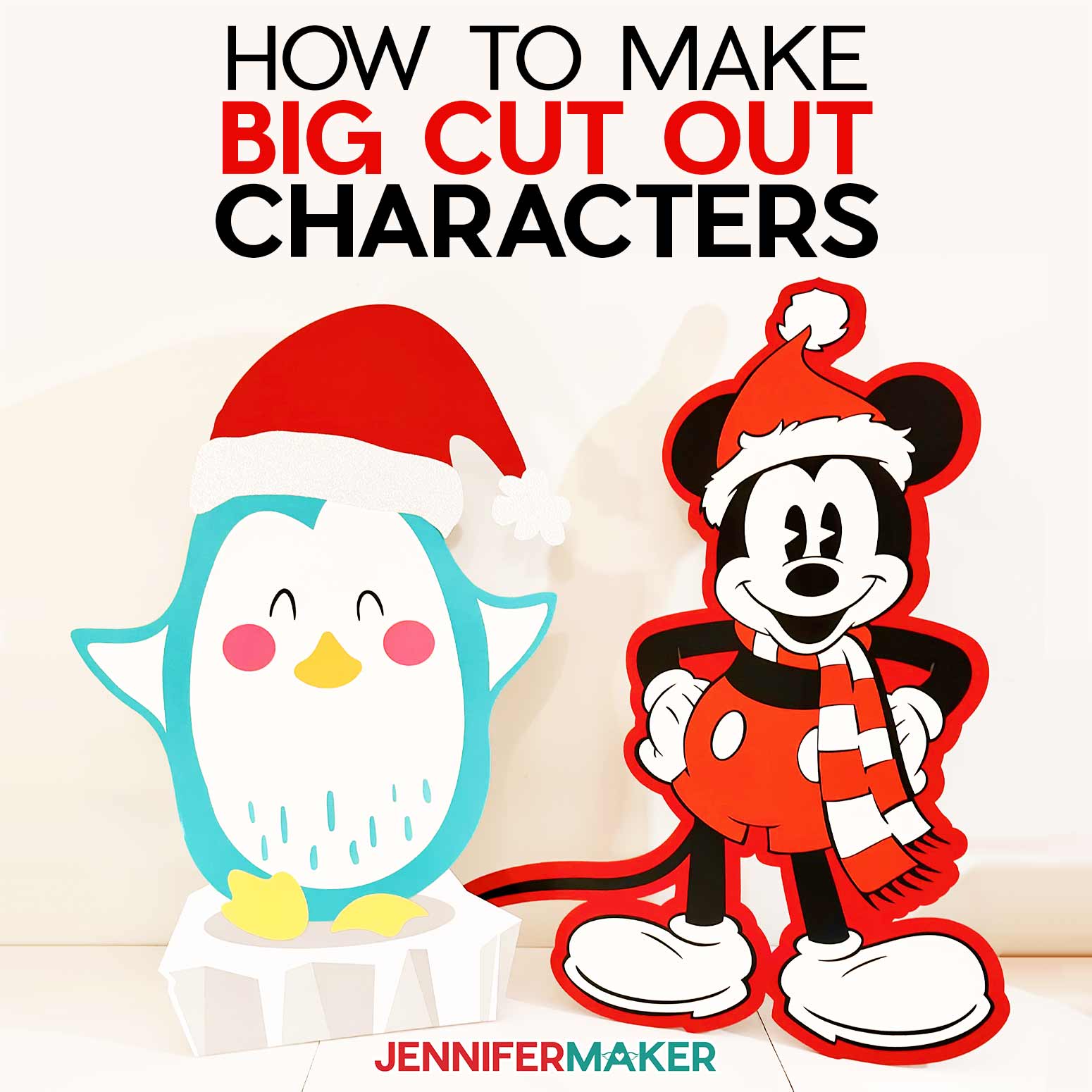 DIY cut out characters cartoon penguin and vintage Mickey Mouse wearing Santa hats.