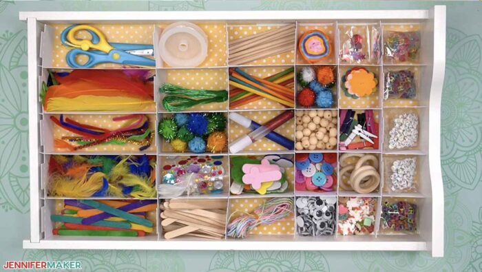 Craft drawer organized with DIY drawer dividers