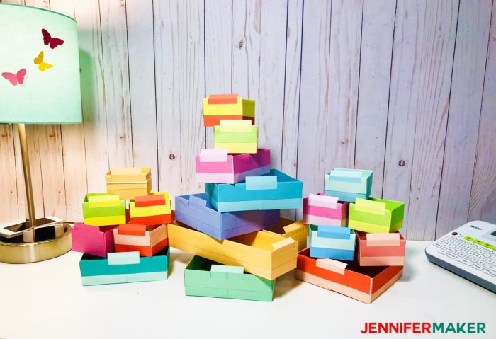 Colorful card boxes made by hand to become DIY drawer dividers to organize a drawer