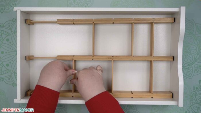 Bamboo wood drawer dividers in a white Ikea Alex drawer