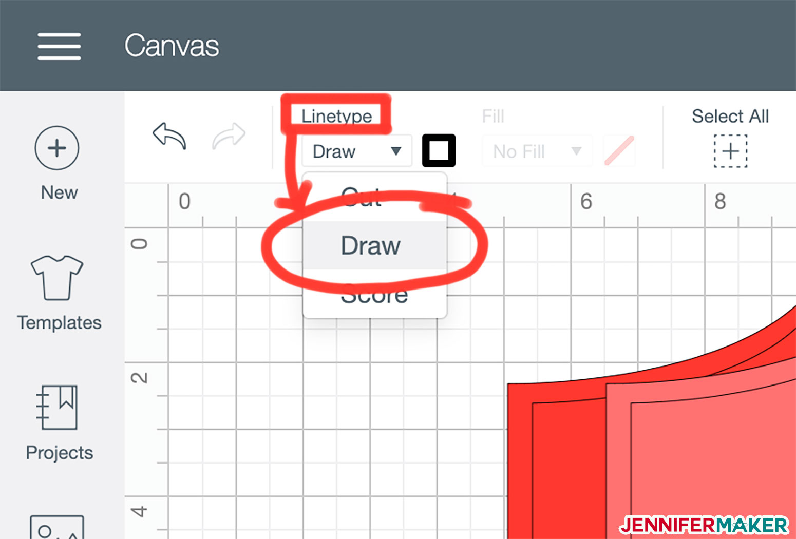 Change your seam allowance lines from cut to draw with the Linetype menu in Cricut Design Space