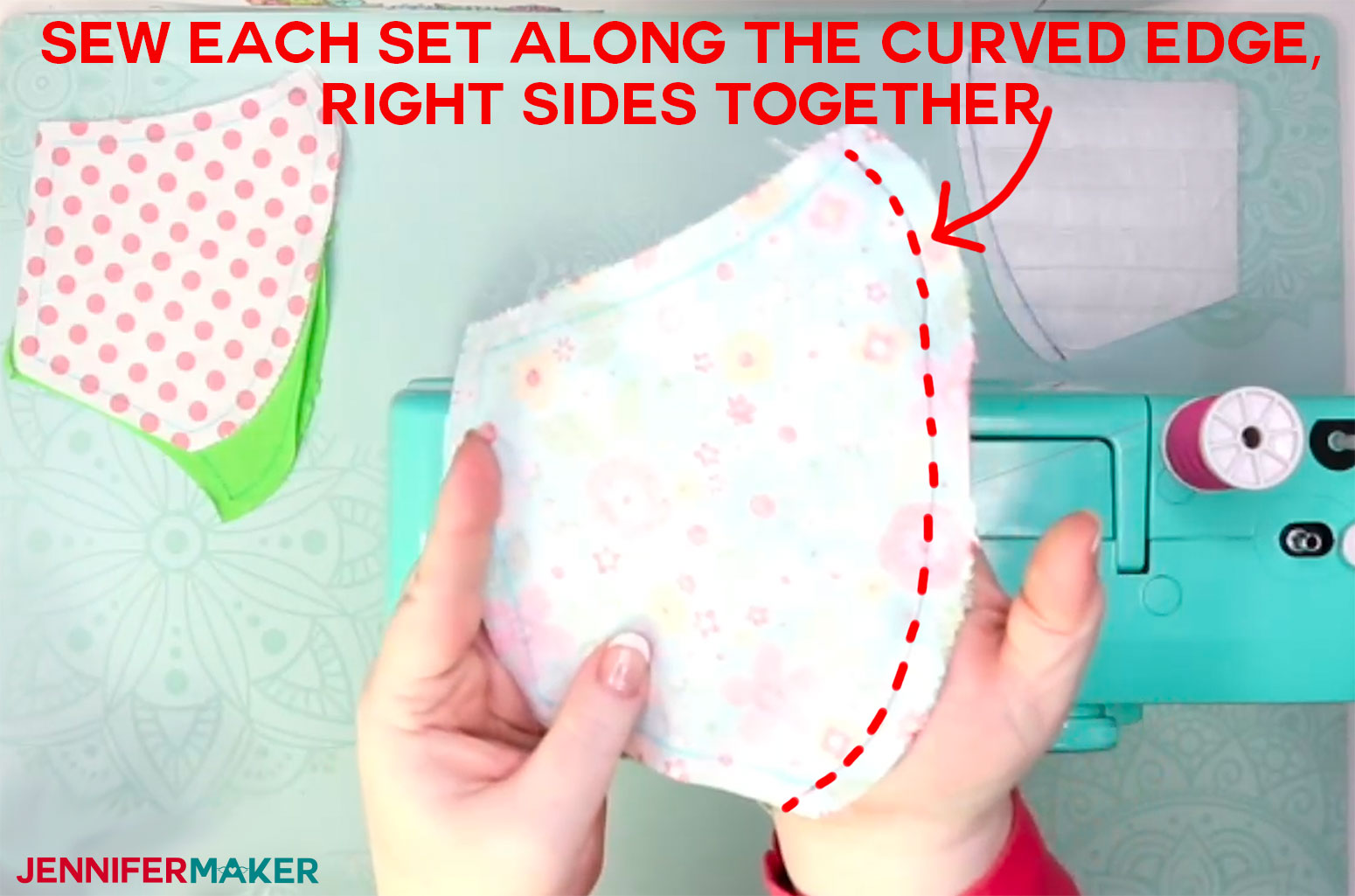 Sew each face mask piece set along the curved edge, right sides togther