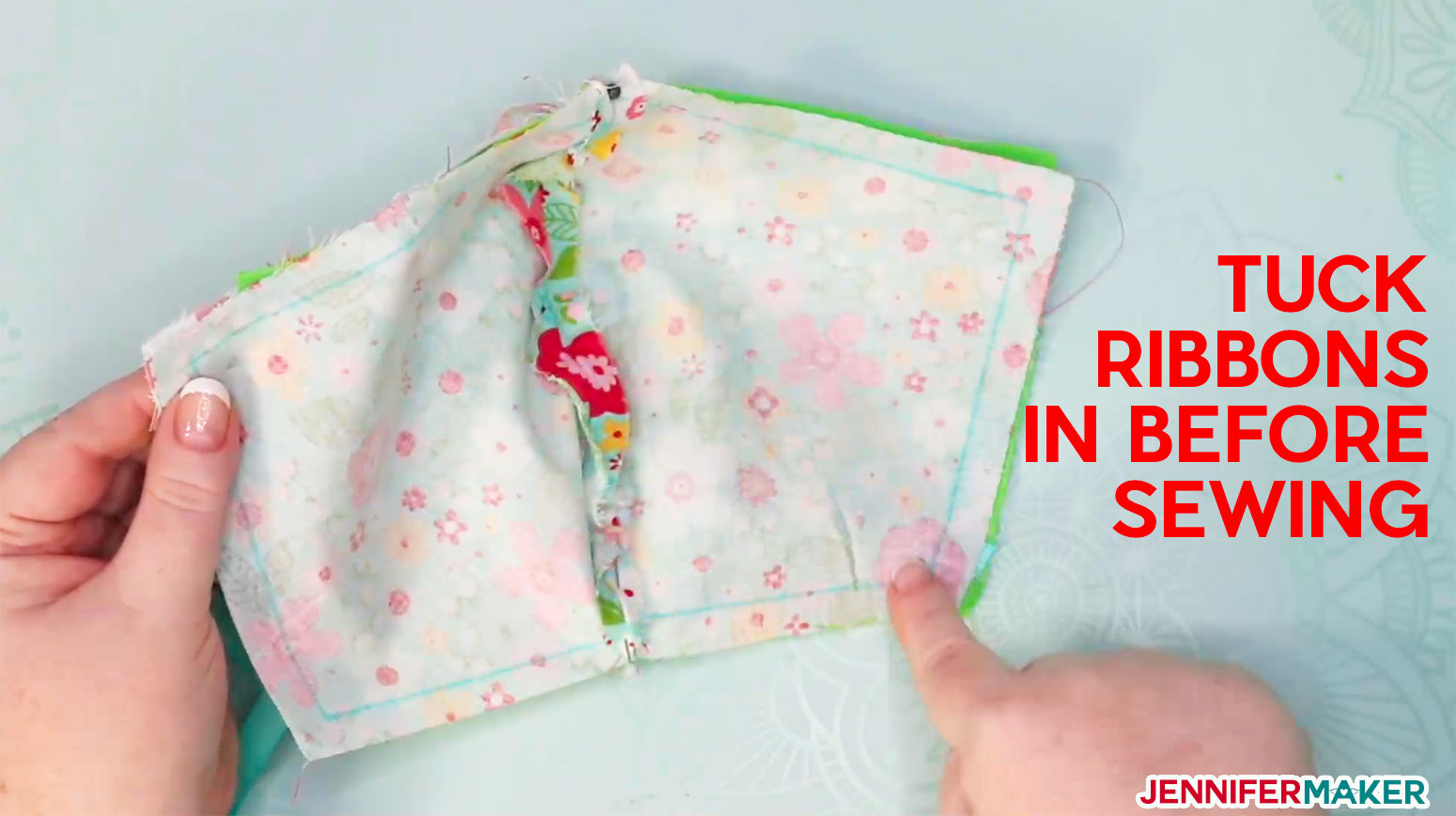 Tuck ribbons in between your layers before sewing your DIY face mask